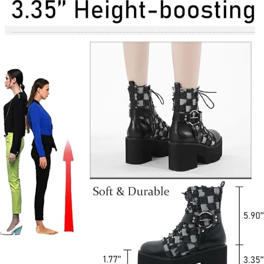NEW! Women's Denim Leather Splice Chunky Heel Goth Ankle Boots With Side Zipper - Picture 3 of 5